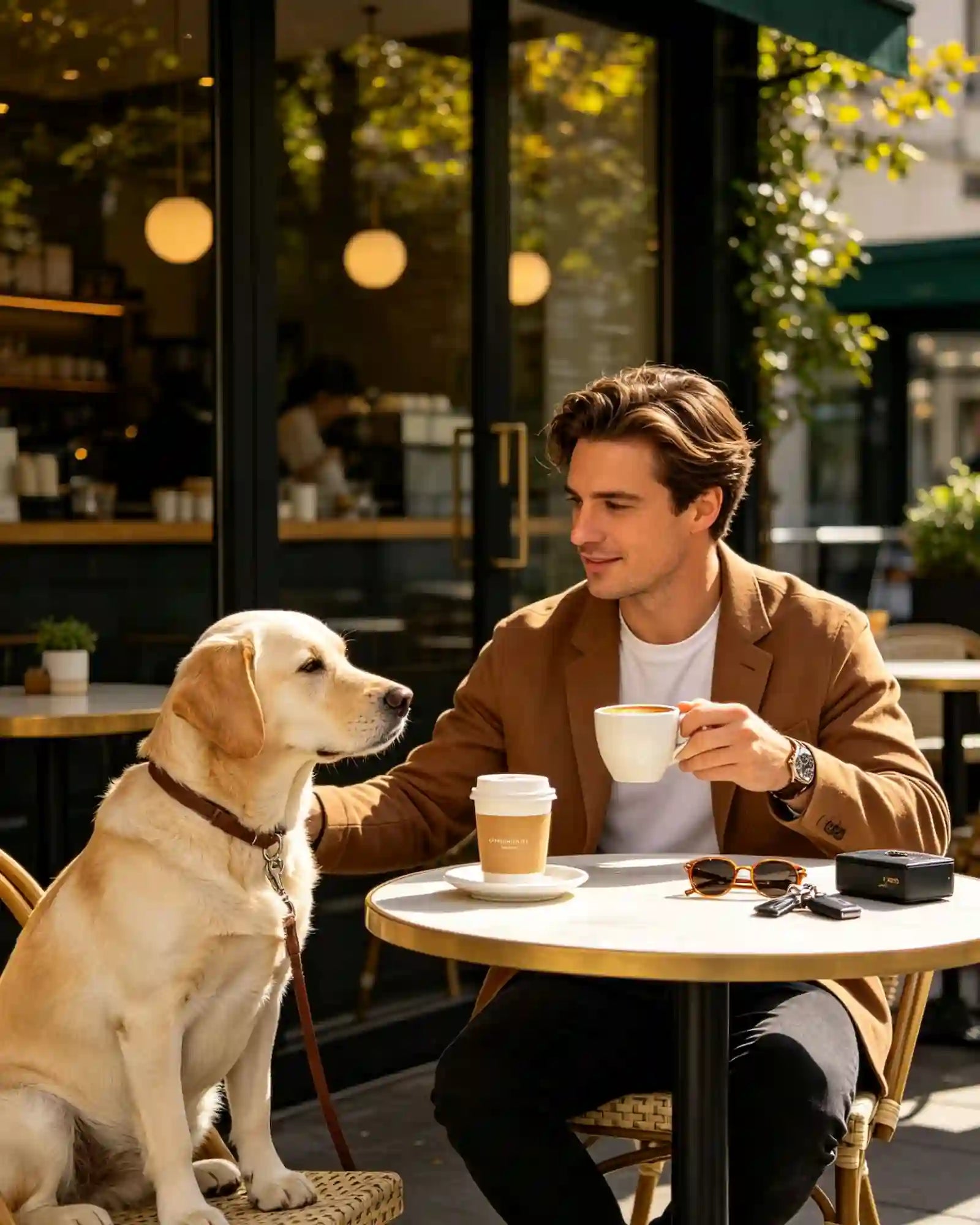 Dog and owner enjoying a cafe moment together during a Tuppii pet outing