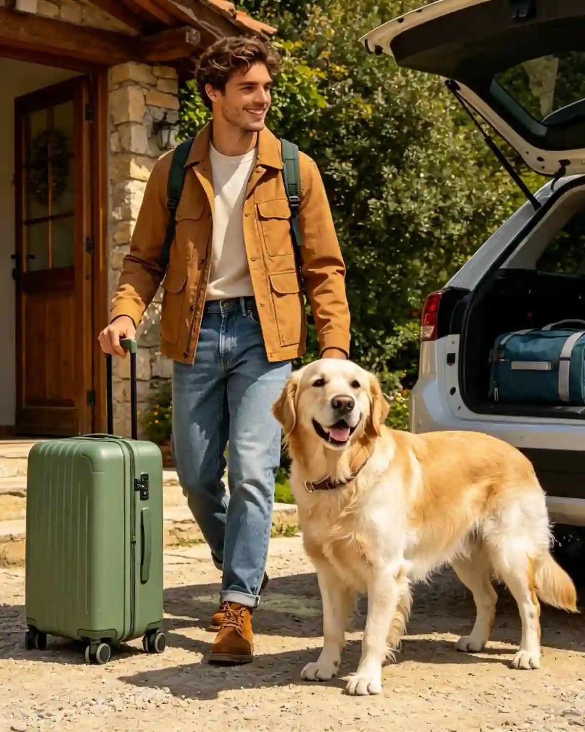 Dog and owner enjoying a weekend adventure with Tuppii pet travel essentials
