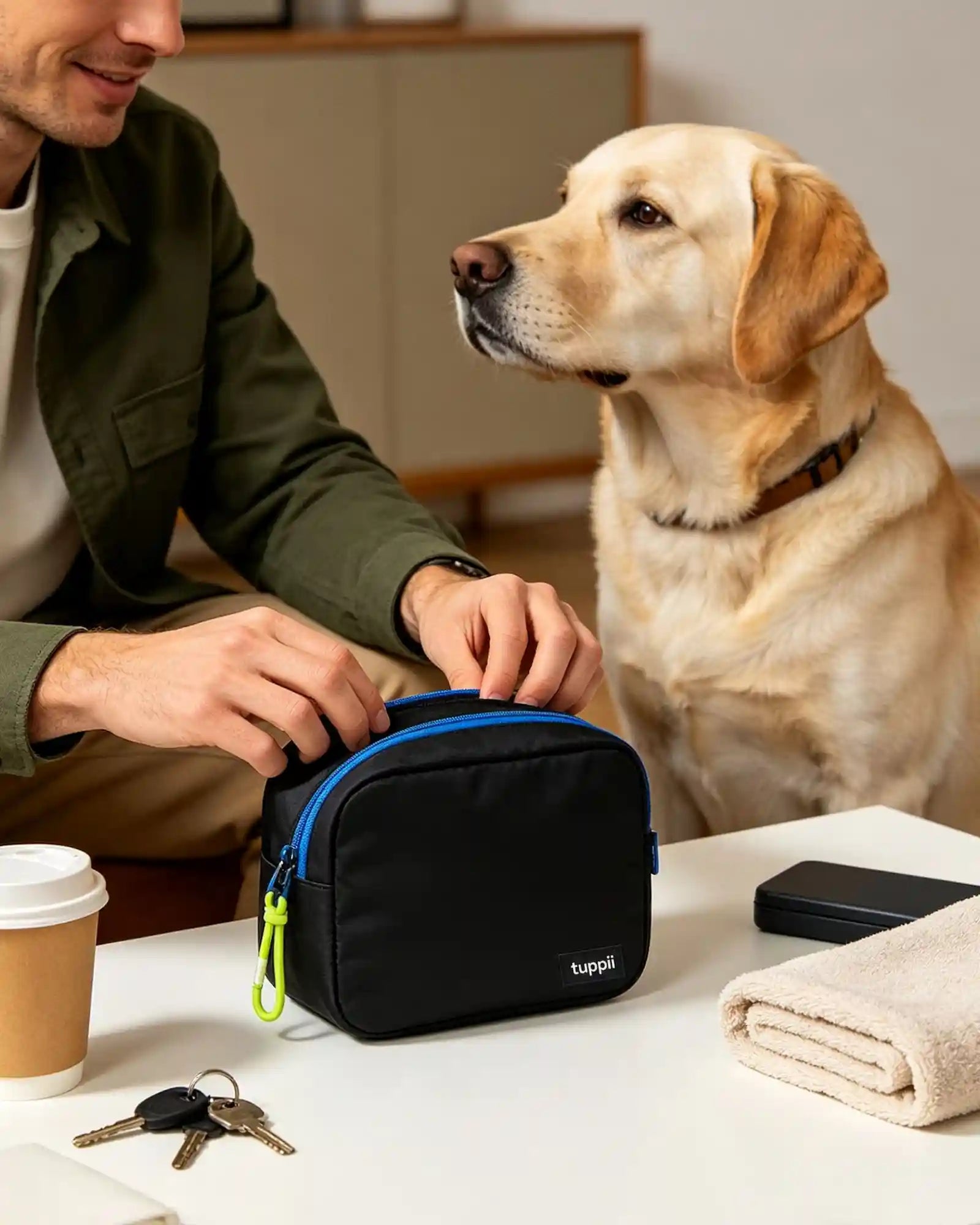 Dog and owner sharing meaningful everyday moments together with Tuppii lifestyle goods